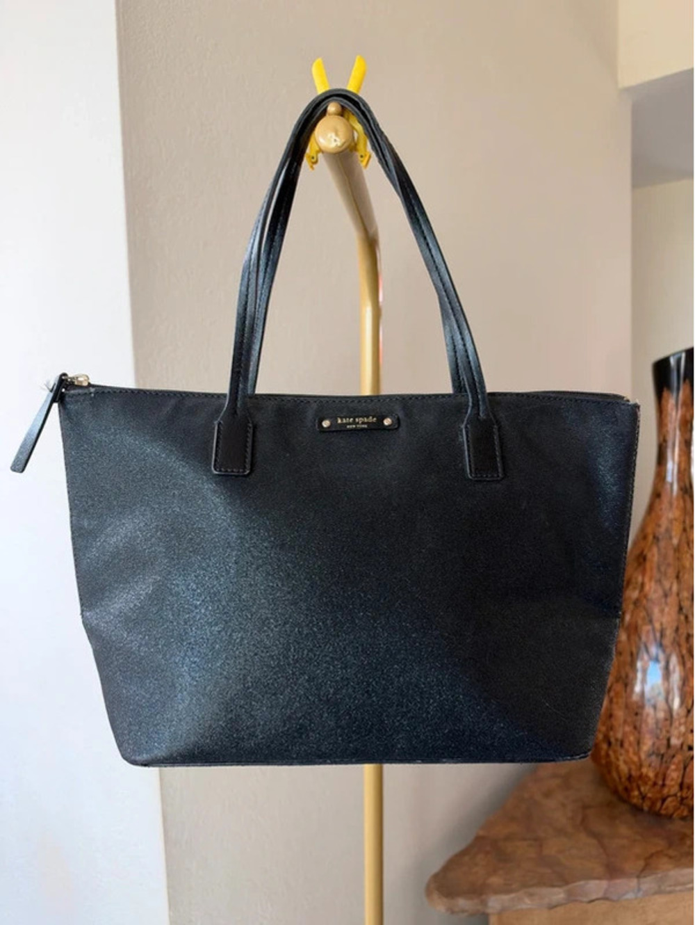 Kate Spade Black Glitter Canvas Medium Tote Purse Bag